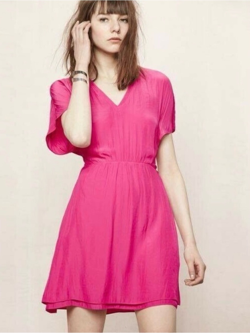 Maje Rimeo Dress Fuchsia Pink V Neck Short Sleeve Mini Dress Size 3 $295